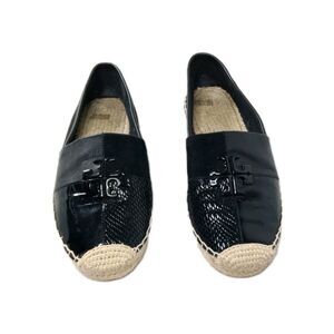 Tory Burch Logo Patchwork Espadrille Size 8 Shoes Black Leather Suede